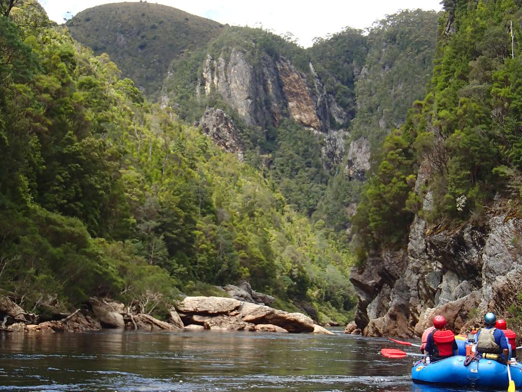 Inception Reach, the start of the Great Ravine with Oriel Rock in the background. Photo G. Jorgenson Water by Nature Tasmania, Franklin River White Water Rafting