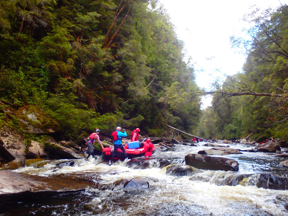 Low water on the Collingwood River makes the going slow for the first few hours - at Water by Nature Tasmania, Franklin River Rafting