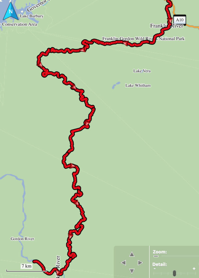 GPS route of the Franklin  River rafting trip
